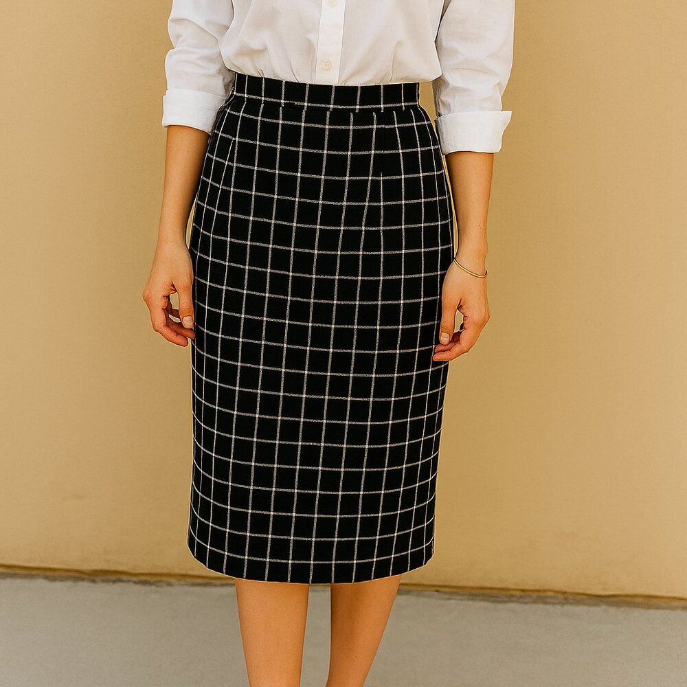 Vintage Chaus Black & White Grid Pencil Skirt Size 8 Petite Classic High-Waist